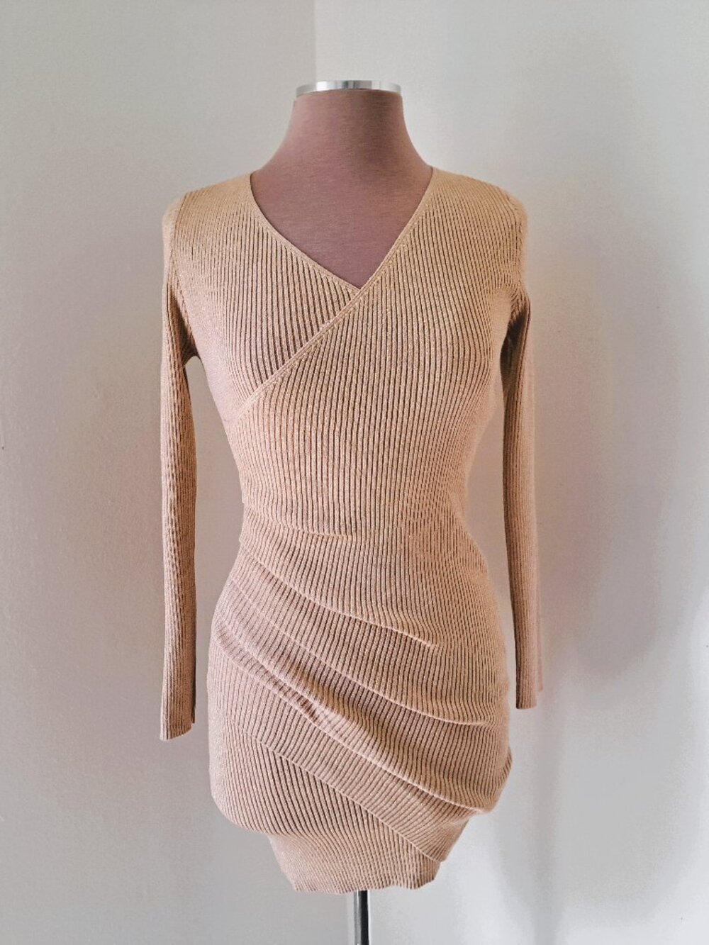 Jolie & Joy Juniors Bodycon Knit Dress Beige Color Size M Long Sleeve